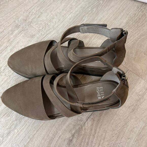 Eileen Fisher Shoes Womens Size 6 Olive Green/Gray Bovery Suede Leather Sandals - Picture 9 of 13